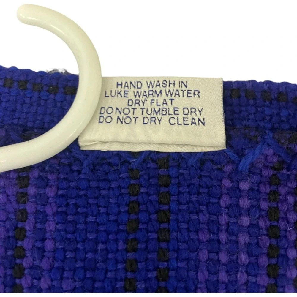 Ann‎ Buckmaster Weaves Vest Fringe Large Blue Pure New Wool Open Front Vintage